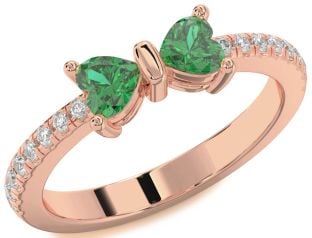 Diamond Emerald Rose Gold Bow Two Heart Birthstone Ring