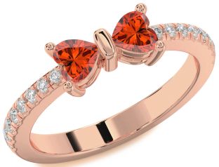 Diamond Emerald Rose Gold Bow Two Heart Birthstone Ring