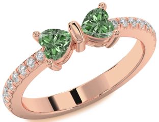 Diamond Emerald Rose Gold Bow Two Heart Birthstone Ring