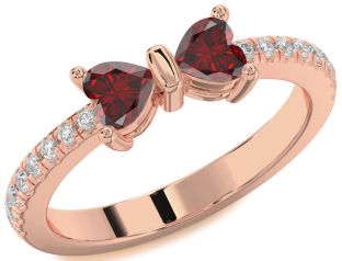 Diamond Emerald Rose Gold Bow Two Heart Birthstone Ring
