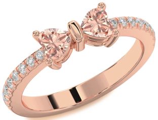 Diamond Emerald Rose Gold Bow Two Heart Birthstone Ring