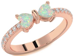 Diamond Emerald Rose Gold Bow Two Heart Birthstone Ring