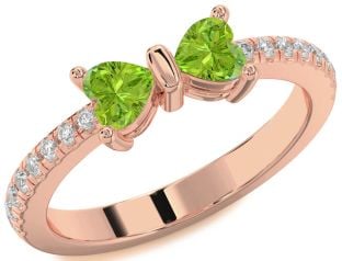 Diamond Emerald Rose Gold Bow Two Heart Birthstone Ring