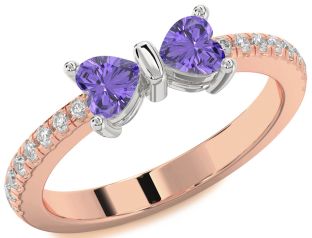 Diamond Emerald Platinum & Rose Gold Bow Two Heart Birthstone Ring