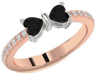 Diamond Emerald Platinum & Rose Gold Bow Two Heart Birthstone Ring