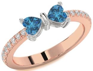 Diamond Emerald Platinum & Rose Gold Bow Two Heart Birthstone Ring