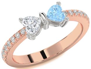 Diamond Rose Gold Silver Bow Two Heart Promise Ring