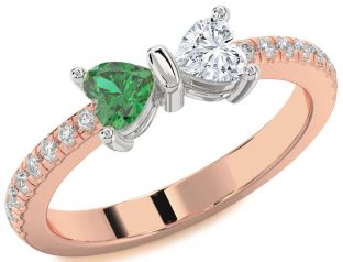 Diamond Emerald Platinum & Rose Gold Bow Two Heart Birthstone Ring