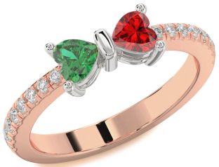 Diamond Emerald Platinum & Rose Gold Bow Two Heart Birthstone Ring