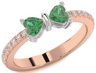 Diamond Emerald Platinum & Rose Gold Bow Two Heart Birthstone Ring