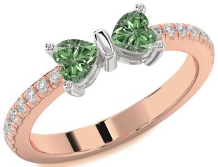 Diamond Emerald Platinum & Rose Gold Bow Two Heart Birthstone Ring