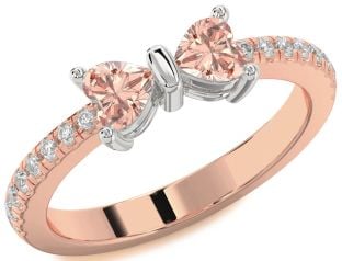 Diamond Emerald Platinum & Rose Gold Bow Two Heart Birthstone Ring