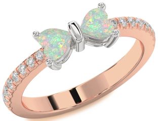 Diamond Emerald Platinum & Rose Gold Bow Two Heart Birthstone Ring