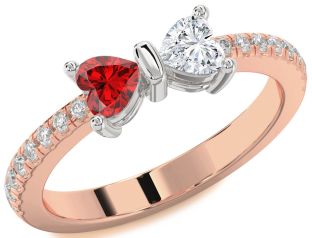 Diamond Emerald White Rose Gold Bow Two Heart Birthstone Ring