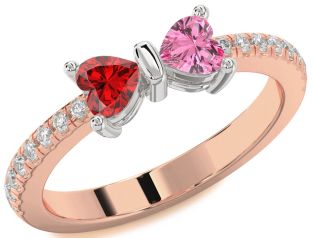 Diamond Emerald Platinum & Rose Gold Bow Two Heart Birthstone Ring