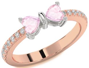 Diamond Emerald Platinum & Rose Gold Bow Two Heart Birthstone Ring