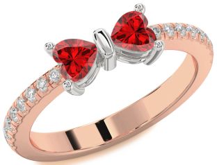 Diamond Emerald Platinum & Rose Gold Bow Two Heart Birthstone Ring