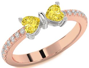 Diamond Emerald Platinum & Rose Gold Bow Two Heart Birthstone Ring