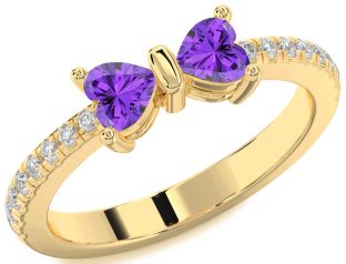 Diamond Emerald Gold Bow Two Heart Birthstone Ring