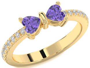 Diamond Emerald Gold Bow Two Heart Birthstone Ring