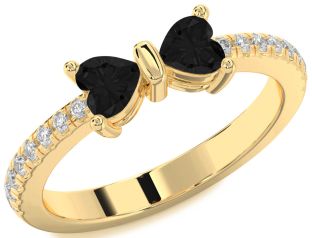 Diamond Emerald Gold Bow Two Heart Birthstone Ring