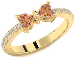 Diamond Emerald Gold Bow Two Heart Birthstone Ring