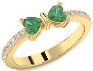 Diamond Emerald Gold Bow Two Heart Birthstone Ring