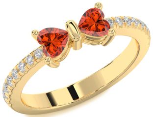 Diamond Emerald Gold Bow Two Heart Birthstone Ring
