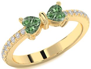Diamond Emerald Gold Bow Two Heart Birthstone Ring