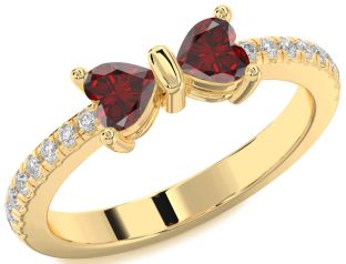 Diamond Emerald Gold Bow Two Heart Birthstone Ring