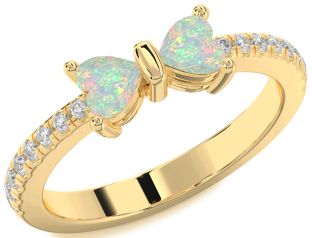 Diamond Emerald Gold Bow Two Heart Birthstone Ring