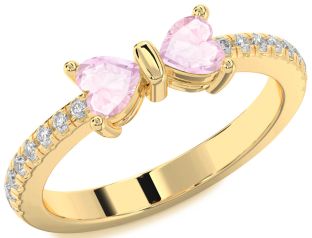 Diamond Emerald Gold Bow Two Heart Birthstone Ring