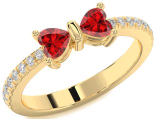 Diamond Emerald Gold Bow Two Heart Birthstone Ring