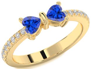 Diamond Emerald Gold Bow Two Heart Birthstone Ring