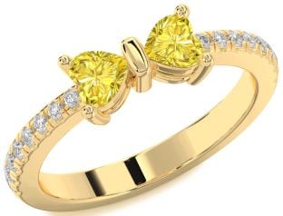 Diamond Emerald Gold Bow Two Heart Birthstone Ring