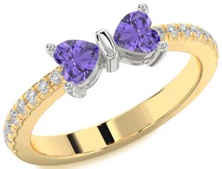 Diamond Emerald Platinum & Yellow Gold Bow Two Heart Birthstone Ring