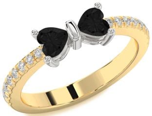 Diamond Emerald Platinum & Yellow Gold Bow Two Heart Birthstone Ring