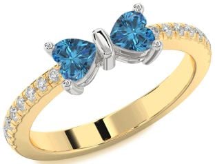 Diamond Emerald Platinum & Yellow Gold Bow Two Heart Birthstone Ring