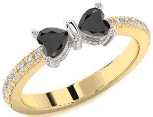 Diamond Emerald Platinum & Yellow Gold Bow Two Heart Birthstone Ring