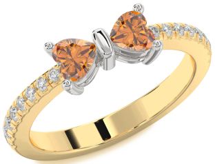 Diamond Emerald Platinum & Yellow Gold Bow Two Heart Birthstone Ring