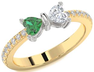 Diamond Emerald Platinum & Yellow Gold Bow Two Heart Birthstone Ring