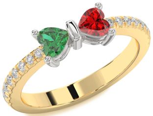 Diamond Emerald Platinum & Yellow Gold Bow Two Heart Birthstone Ring