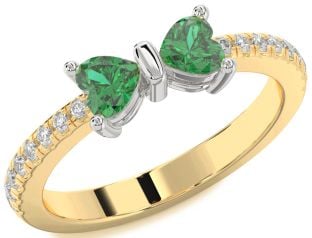 Diamond Emerald Platinum & Yellow Gold Bow Two Heart Birthstone Ring