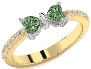 Diamond Emerald Platinum & Yellow Gold Bow Two Heart Birthstone Ring