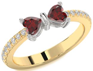 Diamond Emerald Platinum & Yellow Gold Bow Two Heart Birthstone Ring