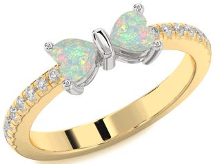 Diamond Emerald Platinum & Yellow Gold Bow Two Heart Birthstone Ring