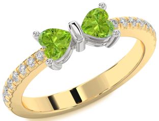 Diamond Emerald Platinum & Yellow Gold Bow Two Heart Birthstone Ring