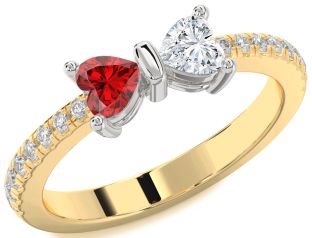 Diamond Emerald Platinum & Yellow Gold Bow Two Heart Birthstone Ring