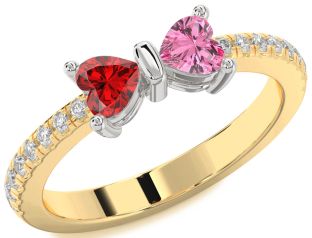 Diamond Emerald Platinum & Yellow Gold Bow Two Heart Birthstone Ring