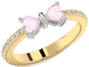 Diamond Emerald Platinum & Yellow Gold Bow Two Heart Birthstone Ring